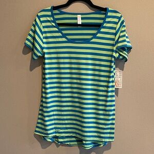 LuLaRoe Blue and Green Striped Short Sleeve Top